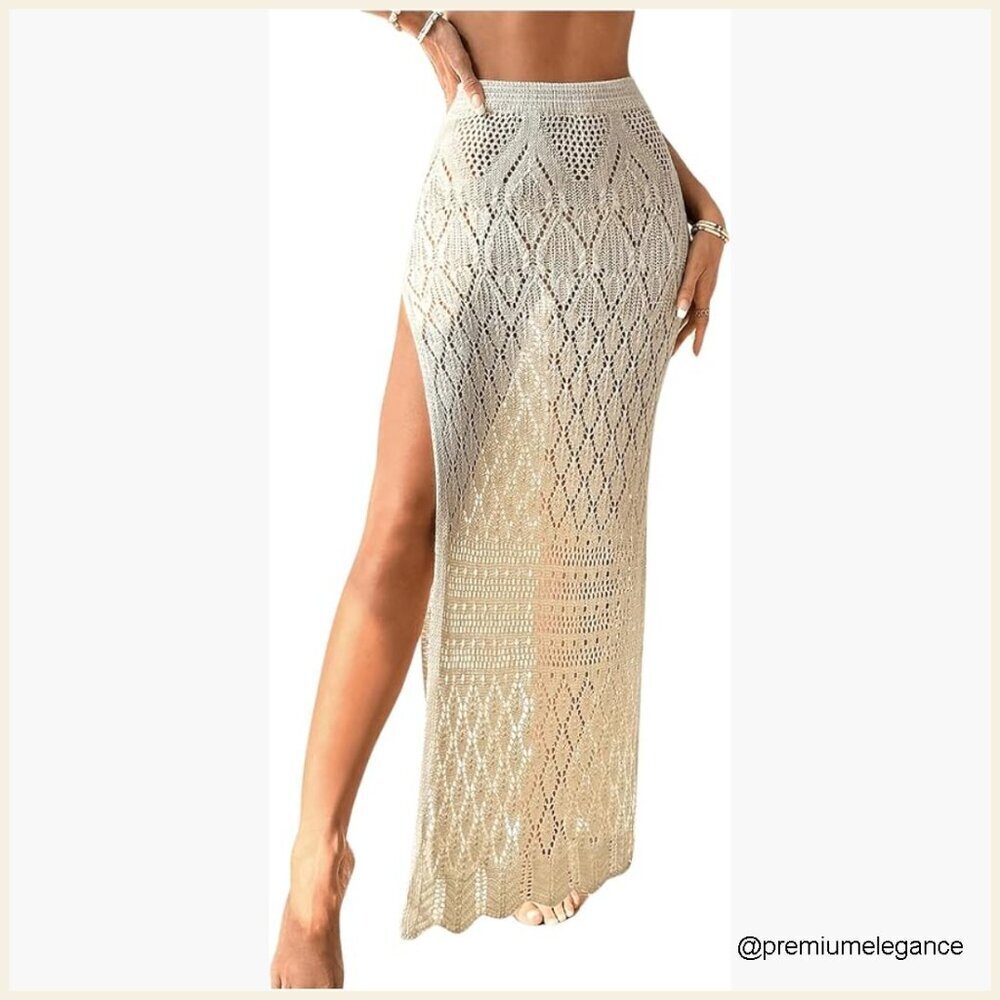 Crochet Maxi Beach Cover Up Skirt with High Slit Sheer Lightweight